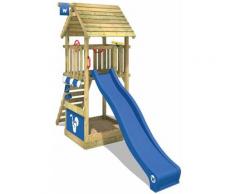 WICKEY Aire de jeux Portique bois Smart Club Toit en bois avec toboggan bleu Maison enfant