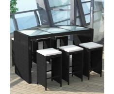 True Deal Meuble de bar de jardin 7 pcs et coussins Résine tressée Noir