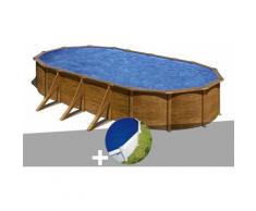 Kit piscine acier aspect bois Pacific ovale 7,44 x 3,99 x 1,22 m + Bâche à bulles - GRÉ