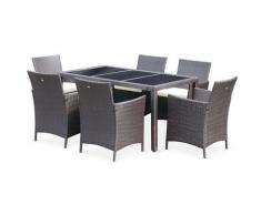 Salon de jardin Tavola 6 en résine tressée, table d'extérieur 150cm avec 6 fauteuils Marron / Ecru