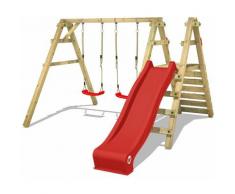 WICKEY Portique balançoire Aire de jeux Sky Slider Prime avec toboggan rouge