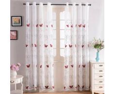 Rideaux Voilages Blanc à Oeillets 140x145cm Brodés Papillons Rouge pour Salon Chambre Cuisine