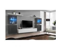 Ensemble meuble salon mural SWITCH XIV design, coloris blanc et gris brillant. - Blanc