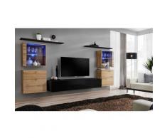 Ensemble meuble salon mural SWITCH XIV design, coloris noir brillant et chêne Wotan. - Noir