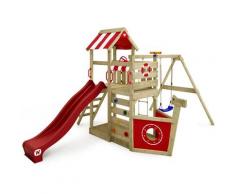 WICKEY Aire de jeux Portique bois SeaFlyer avec balançoire et toboggan rouge Cabane enfant