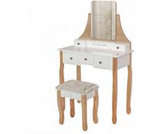 Coiffeuse avec miroir sans cadre + 5 Tiroirs Boîte de rangement + Tabouret Blanc-couleur bois