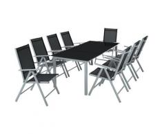 Salon de Jardin avec 8 Chaises Pliantes et 1 Table en Verre et en Aluminium Gris clair Noir