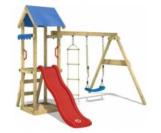Aire de jeux Portique bois TinyCabin avec balançoire et toboggan rouge Maison enfant exterieur avec