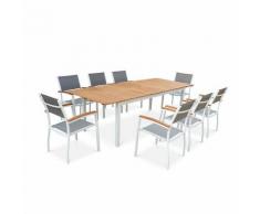 Salon de jardin en bois et aluminium Sevilla, grande table 200-250cm avec allonge papillon,