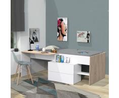 Lit combiné SMILE 90x190 + bureau + commode 2 tiroirs / Blanc & chêne blanchi/ 194x132x72