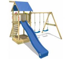 WICKEY Aire de jeux Portique bois Smart Empire avec balançoire et toboggan bleu Maison enfant
