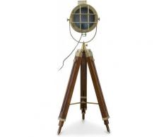 Lampadaire Trépied Projecteur design Vintage Nautique - Inox et Bois - Verni Marron - Hauteur