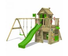 Aire de jeux Portique bois CrazyCat avec balançoire et toboggan vert pomme Maison enfant exterieur