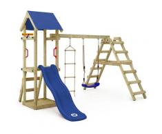 WICKEY Aire de jeux Portique bois TinyLoft avec balançoire et toboggan bleu Maison enfant exterieur
