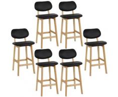 Tabouret de Bar Lot de 6, Tabouret de Cuisine Design en Cuir Artificiel et Bois, Noir