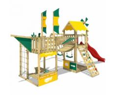 WICKEY Aire de jeux Portique bois Smart Wing avec balançoire et toboggan rouge Cabane enfant