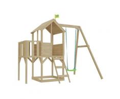 Cabane enfant sur pilotis bac à sable et portique intégré avec cloisons décor lune Tower Avec