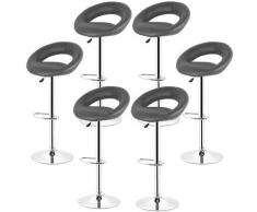 6 pcs tabourets de bar rembourré simili cuir ménager réglable en hauteur rond gris
