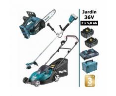Pack 36V: tondeuse 43cm + débroussailleuse + tronçonneuse d'élagage 30cm + 2 batt 5Ah MAKITA DLM431