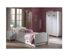 Chambre enfant 4 pièces lit gigogne chevet et armoire 2 portes bois laqué blanc Cœur 90x200 cm