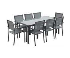 Salon de jardin aluminium Capua table 180cm, 8 fauteuils en textilène gris et alu anthracite