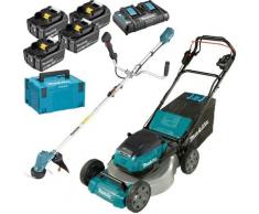 Pack Makita Jardin 36V: tondeuse auto-tractée 36V 53cm DLM532 + débroussailleuse 18V DUR191UZX3 + 4