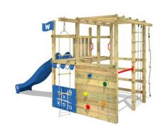Aire de jeux Portique bois Smart Champ avec toboggan bleu Échafaudage grimpant avec mur d'escalade