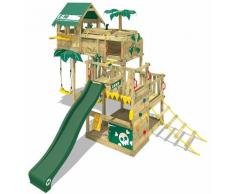 WICKEY Aire de jeux Portique bois Smart Castaway avec balançoire et toboggan vert Cabane enfant
