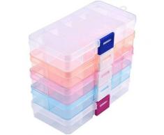 Lot de 5 boîtes de rangement en plastique avec 10 compartiments réglables pour bijoux, bagues,