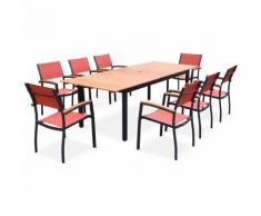 Salon de jardin en bois et aluminium Sevilla, grande table 200-250cm rectangle avec allonge