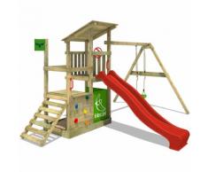 Aire de jeux FATMOOSE FruityForest Fun XXL Portique bois sur 3 niveaux, toboggan rouge et