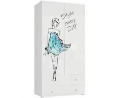 BELLIO - Armoire avec motifs - 2 portes + 2 tiroirs - Mobilier chambre ado enfant - 201.5x100x55cm