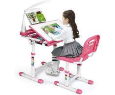 Goplus - Bureau Enfant avec Chaise Hauteurs Réglables, Angle de Bureau Réglable 0°-40°, Lampe de