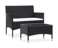 Salon de jardin 2 pcs avec coussin Résine tressée Noir