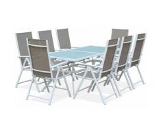 Salon de jardin en aluminium table 8 places Blanc textilène fauteuil Taupe