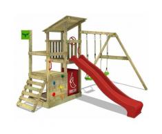 FATMOOSE Aire de jeux Portique bois FruityForest avec balançoire et toboggan rouge Maison enfant