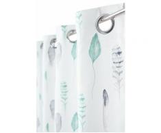 Rideau 140 x 240 cm à Oeillets Imprimé Motif Plumes Vertes et Grises Fond Blanc - Blanc