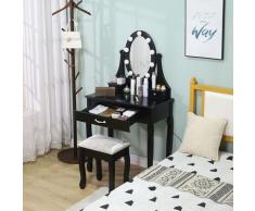 Coiffeuse avec 10 Ampoules LED en Forme de Rose et Tabouret, Miroir Ovale à 3 Tiroirs Romantique