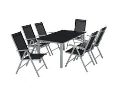 Salon de Jardin avec 6 Chaises Pliantes et 1 Table en Verre et en Aluminium Gris clair / Noir
