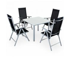Salon de jardin aluminium argent »Bern« 1 table 4 chaises pliantes plateau en verre dépoli dossier