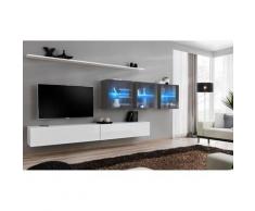 Ensemble meuble salon mural SWITCH XVII design, coloris blanc et gris brillant. - Blanc