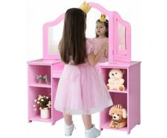 COSTWAY Coiffeuse pour Enfants 2 en 1 avec Miroir Amovible, Bureau Enfant avec 4 Étagères de Style