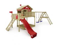 WICKEY Aire de jeux Portique bois Smart Ocean avec balançoire et toboggan rouge Maison enfant sur