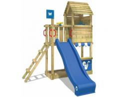 WICKEY Aire de jeux Portique bois Smart Sparrow avec toboggan bleu Maison enfant exterieur avec bac