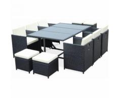Salon de jardin Cubo Noir table en résine tressée 6 à 10 places, fauteuils encastrables