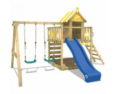 Aire de jeux Portique bois Smart Candy avec balançoire et toboggan bleu Cabane enfant exterieur