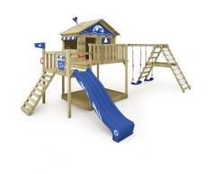 WICKEY Aire de jeux Portique bois Smart Ocean avec balançoire et toboggan bleu Maison enfant sur
