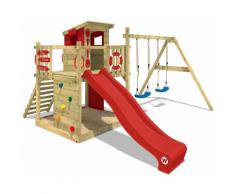 WICKEY Aire de jeux Portique bois Smart Camp avec balançoire et toboggan rouge Cabane enfant
