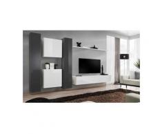 Ensemble meuble salon mural SWITCH VI design, coloris blanc et gris brillant. - Blanc