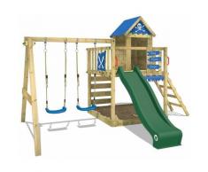 Aire de jeux Portique bois Smart Cave avec balançoire et toboggan vert Cabane enfant exterieur avec